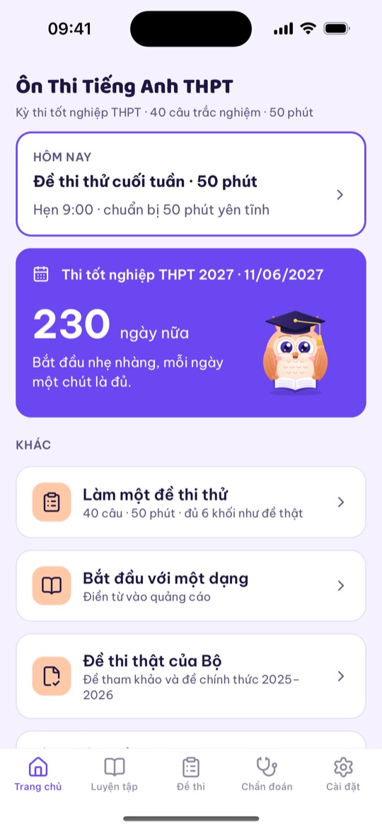 Màn hình Hôm nay với đếm ngược ngày thi