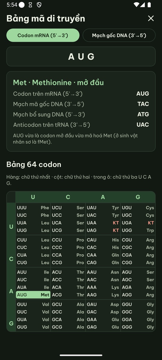 Bảng mã di truyền 64 codon